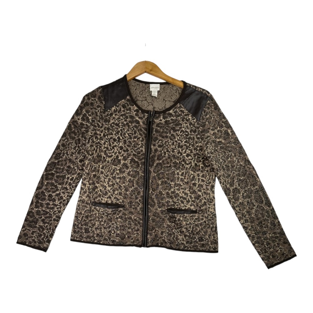 Chicos Womens‎ Wool Blend LS Full Zip Metallic Leopard Cardigan Sweater Size 1
